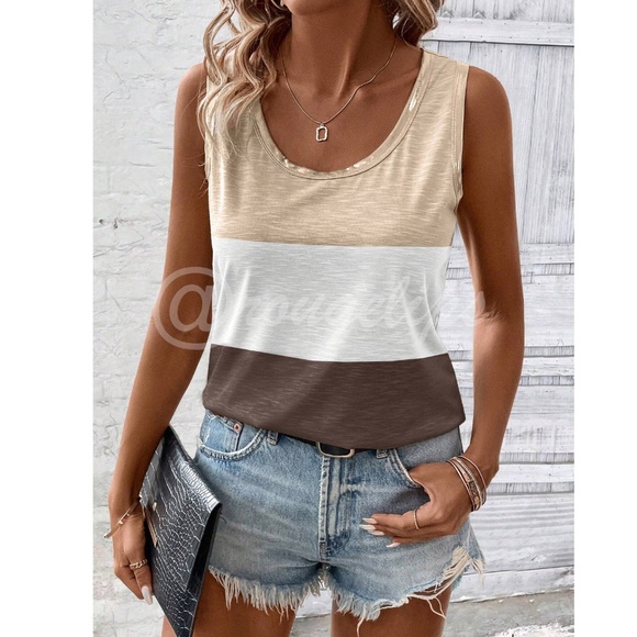 Colorblock Stripe Brown / White Tank Top Gold Piping Trim - Picture 5 of 7